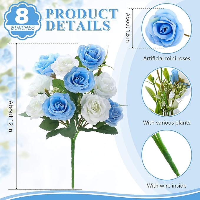 Zeyune 8 Pack 12 Inch Wedding Bouquets for Bride Bridesmaid Blue and White Artificial Rose Bouquet Fake Silk Roses Flowers Bunches Bulk for Home Office Garden Parties Decoration