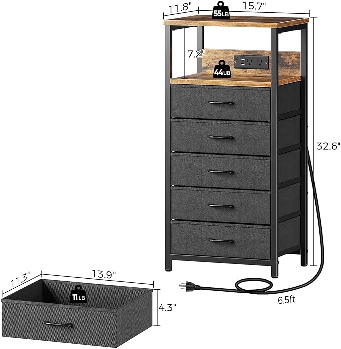 Seventable Night Stand with Charging Station, Tall Nightstand with 5 Fabric Storage Drawers, Side Table with LED Light for Bedroom, Entryway, Rustic Brown, Set of 2