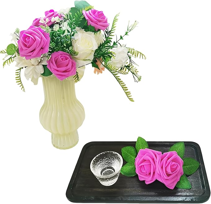 Artificial Flowers 25pcs Fake Roses, Hot Pink Foam Rose Faux Flower for DIY Wedding Bouquets Bridal Shower Centerpieces Floral Arrangements Home Decorations Party Backdrops Table
