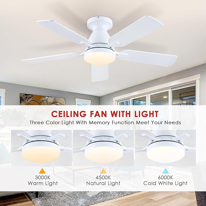 Ceiling Fans-46Inch Low Profile Indoor Ceiling Fan with Light and Remote/APP Control, Dimmable tri-Color temperatures LED,Quiet Reversible Motor,5 Blades Modern Ceiling Fans for Indoor