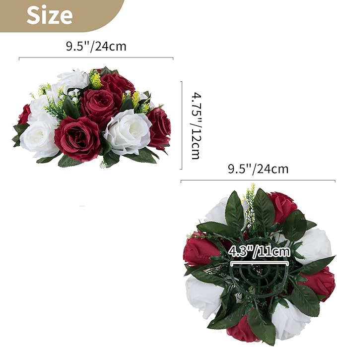 NUPTIO Flower Wedding Centrepieces for Tables - 2 Pcs 9.5in Diameter Burgundy & White Artificial Flowers Rose Ball for Centerpieces Table - Fake Rose Arrangements for Weddings Birthday Party Decor