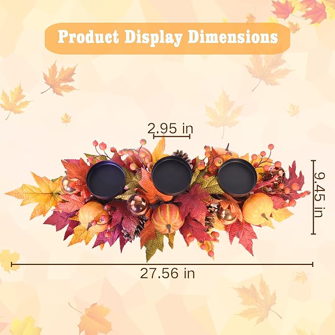 Fall Candle Holder Centerpiece for Table – Thanksgiving Table Decor with Pumpkins, Maple Leaves,Autumn Harvest Decoration with 3 Candle Holders for Dining Table, Fireplace & Home Decor