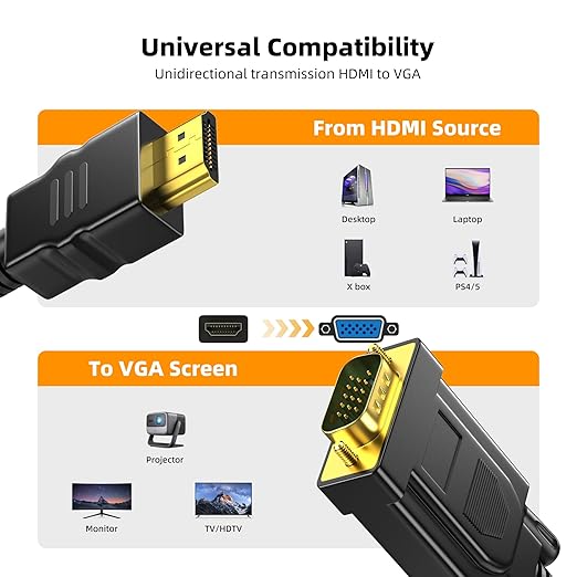 HDMI to VGA Cable, 6.6FT Uni-Directional HDMI to VGA Adapter for Monitor, Laptop, PC, Projector, HDTV, Roku, Xbox