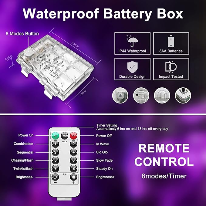JMEXSUSS 2 Pack Purple Lights Battery Operated Halloween Lights Outdoor Waterproof, Each 33 ft 100 LED Battery Powered Rope Lights, Purple String Light with Remote for Balcony Garden Halloween Decor
