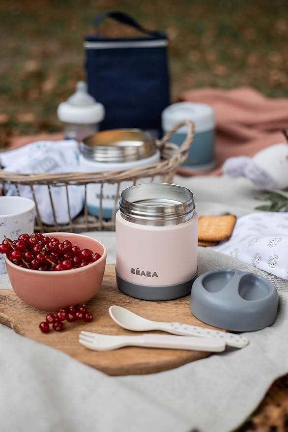 Beaba Stainless Steel Insulated Food Jar 10 oz, Kids Thermos, Lunch Containers, Leakproof, Wide Opening, Suitable for Hot and Cold Foods (Rose)