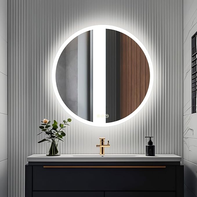 Wall-Mounted LED Round Bathroom Mirror, Makeup Mirror (36inches x36 inches,) 3 Color Stepless Dimmable Memory Bathroom Vanity Mirror with Lights CRI90+ 3000-6400K Smart Mirror with Touch