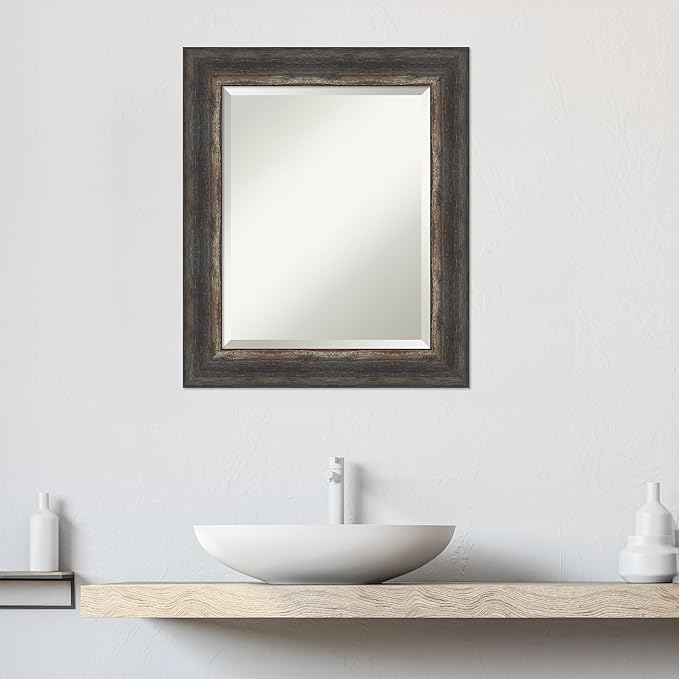 Amanti Art Brown Bathroom Mirror for Over Sink, 25x21 Bark Rustic Char Rectangle Vanity Mirror, Small Country Rustic Frame, Hangs Horizonally and Vertically, Bathroom Wall Decor, Beveled Edge