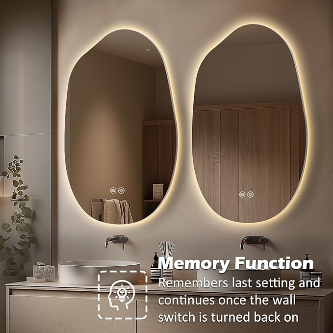 LED Bathroom Mirror with Lights 26x38, Stepless Dimmable Irregular Backlit Mirror with 3 Colors, Anti-Fog, Memory, Al-Alloy Lampshade, Frameless Vanity Mirror for Bathroom (Horizontal/Vertical)