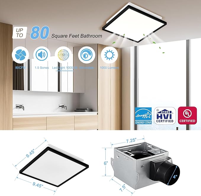 Tech Drive Bathroom Exhaust Fan with Light,80CFM 1.5Sone,Super Quiet Bathroom Ventilation Fan,1000lm Dimmable 3CCT LED Light 3000K/4000K/5000K Selectable, Energy Star Bath Fan, Decorative Black Trim