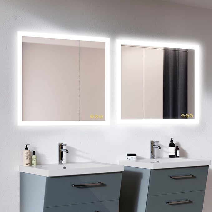 36x36 Inch LED Bathroom Mirror - 3 Colors, Dimmable, Anti-Fog, Wall Mounted Smart Vanity Mirror