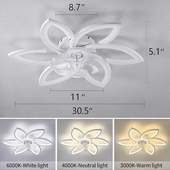 Ceiling Fan with Lights Remote Control, White Flower Ceiling Fan with Light, 3 Light Color Modern Low Profile Flush Mount Ceiling Fan for Kitchen Bedroom Living Room