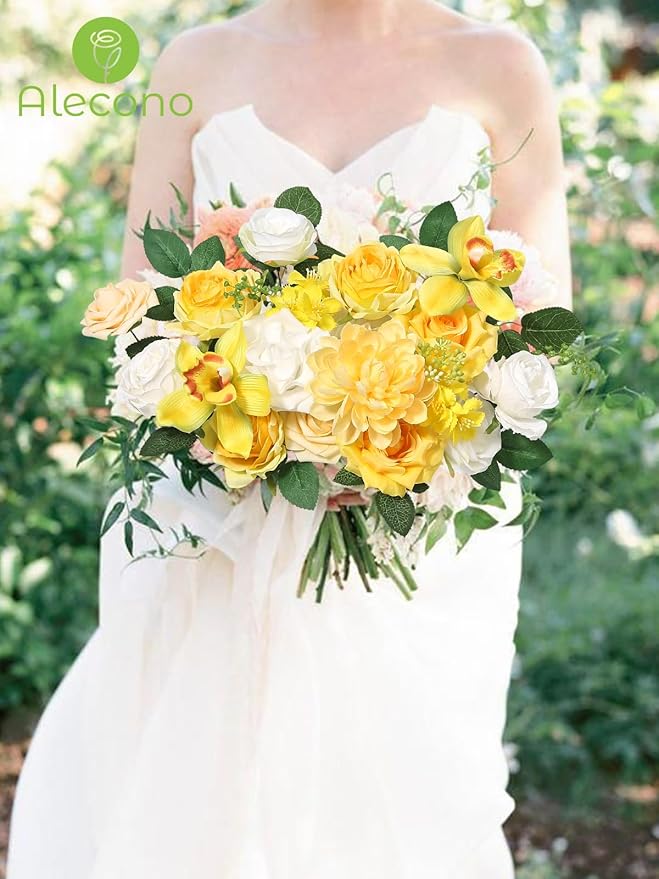 Alecono Artificial Flowers, Yellow Fake Spring Flowers Combo Box with Stems for DIY Wedding Cake, Party Table Centerpieces Home Decor
