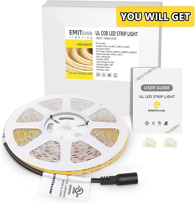 EMITEVER COB LED Strip Lights Warm White, 3000K Tape Light 25ft Premium High Density, DC 24V, 300+Lumens/ft, 3600LEDs/Spool, Ra 90+, 3W/ft, UL Listed 5 Year Warranty (Power Supply Sold Separately)