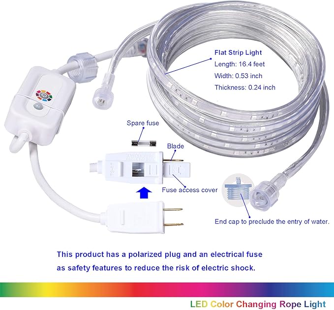 LED Rope Lights, 16.4ft Flat Flexible RGB Strip Light, Color Changing, Waterproof for Indoor Outdoor Use, Connectable Decorative Lighting, 8 Colors and Multiple Modes