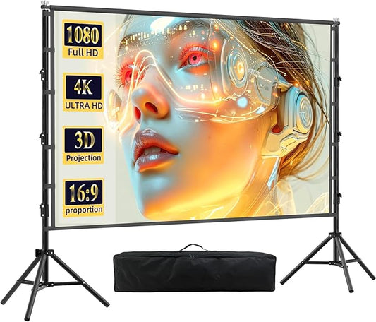 Outdoor Projector Screen with Stand,120 inch Portable Projector Screen with Heavy Duty Bracket,16:9 4K HD Rear Front Projection Movie Screen with Carry Bag for Home Theater
