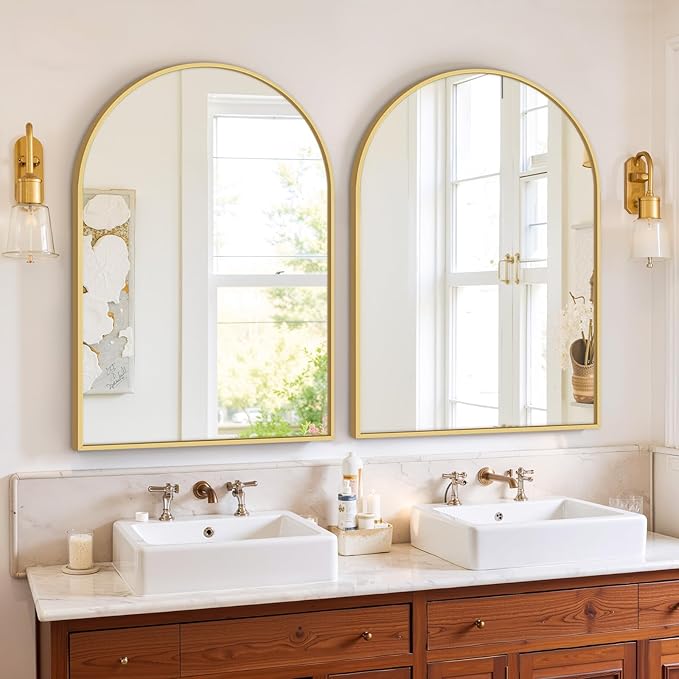 Sweetcrispy Arched Bathroom Mirror 30x20.5 Inch Gold Metal Framed Arch Vanity Mirror for Wall, Over Sink, Farmhouse, Restroom, Anti-Rust, Modern Decorative, Hanging or Leaning