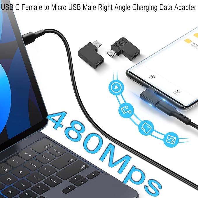 QIANRENON USB C to Micro USB 90° Angle Charging Data Connector Plug USB C Female to Micro USB Male Right Angle Adapter 10W (5V2A) 480Mbps, for Phone MP3 MP4 Digital Camera, 2Pcs (Right Angle)