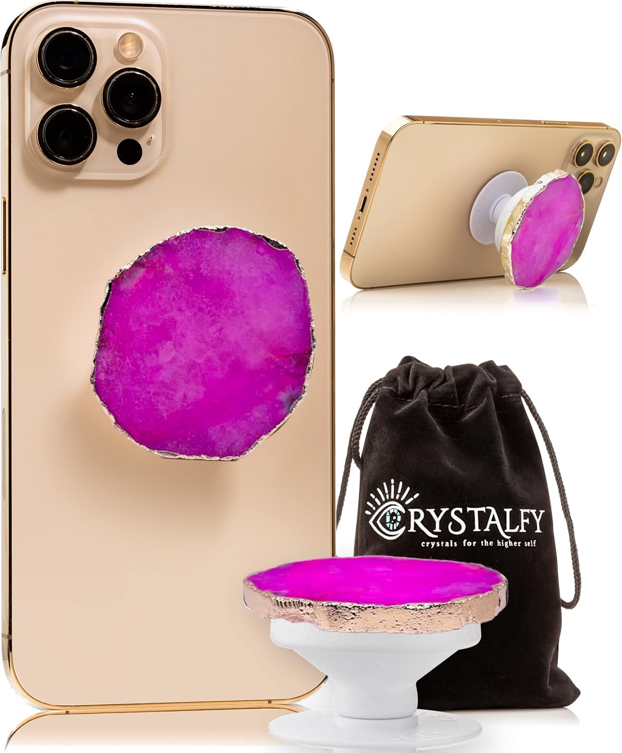 Grips by CRYSTALFY Pink Druzy Quartz Crystal Phone Grip & Stand, Authentic Natural Gemstone Holder