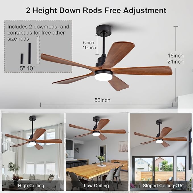 52 Inch Outdoor Ceiling Fans with Lights and Remote Control, Dimmable 5 Blade Wood Outdoor Ceiling Fans for Patios, Black Walnut Bedroom Ceiling Fan with Lights, Noiseless DC Motor