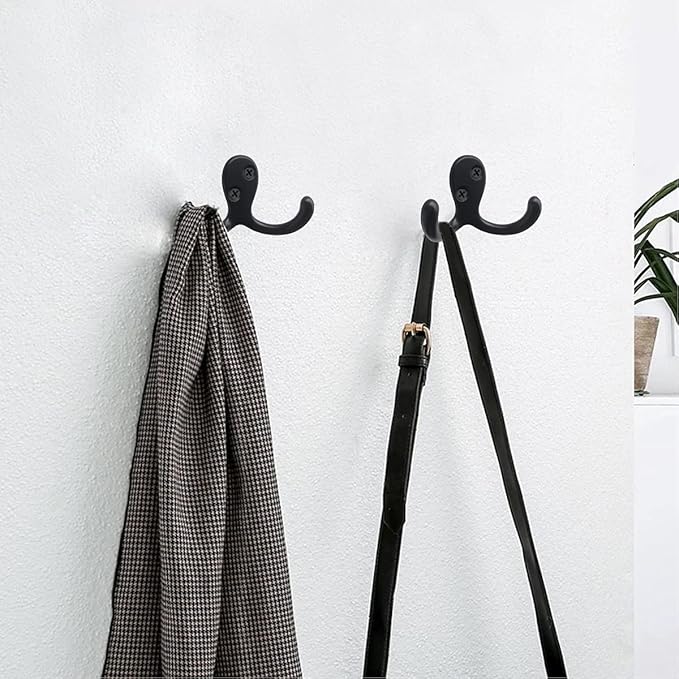 Coat Hooks Hardware, 10Pcs Wall Hooks Heavy Duty Hooks for Hanging Coats No Rust Double Robe Hook Wall Mounted for Key Towel Bags Cup Hat (Black)