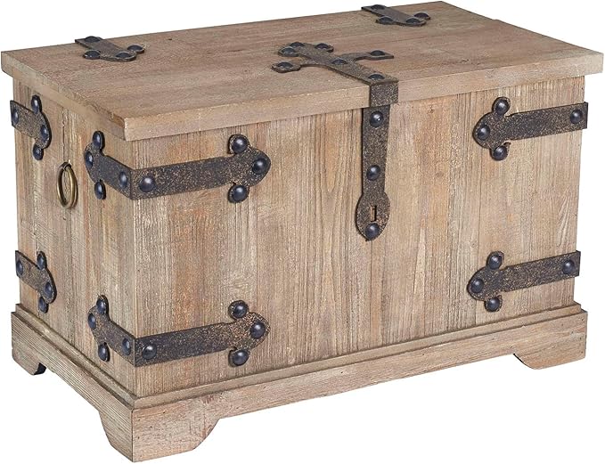 Household Essentials 2 Piece Decorative Trunks, Victorian Set, Small and Large, Chinese Fir Wood, Aged-Wood Finish with Metal Accents, Fully Opening Lid, Stout Design, Ring Handles
