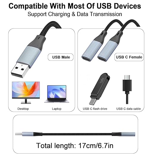 USB-C Splitter Cable,USB 2.0 Male to Dual Type-C Female Adapter Cable,USB A to Double Port Type C Splitter Charging Cable Charging and Data for Phone,Tablet,Laptop-17cm/6.6in