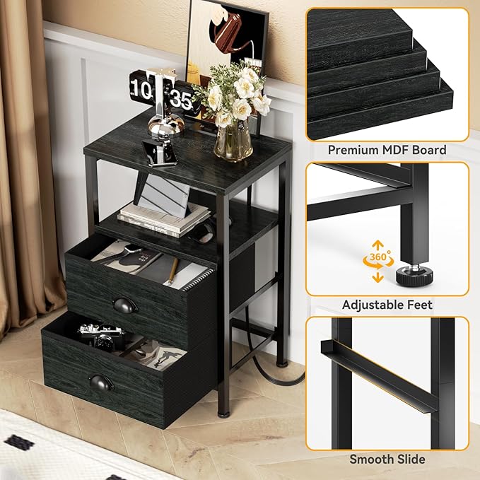 Furologee Nightstands with Charging Station, End Table with LED Lights, Black Night Stands with 2 Fabric Drawers, Bedside Tables with Shelves for Living Room/Bedroom,Black Oak