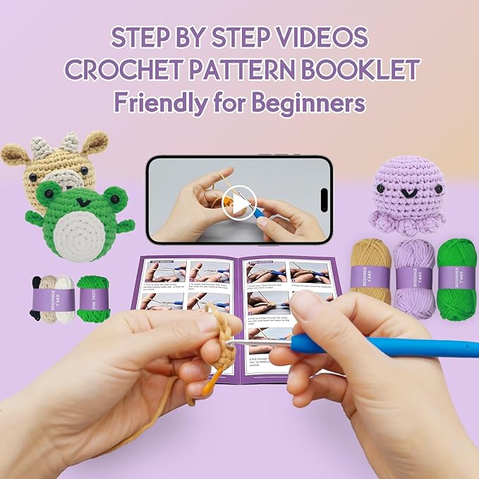 Crochet Kit for Beginners - Knitting Kit for Adults & Kids | Learn to Crochet Animals Frog Octopus Cow with Step-by-Step Video Tutorials