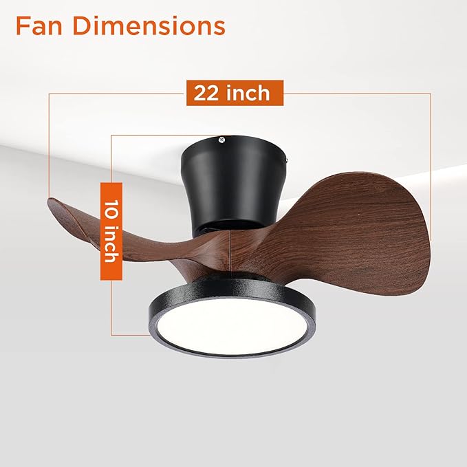 ocioc Quiet Ceiling Fan with LED Light 22 inch Large Air Volume Remote Control for Kitchen Bedroom Dining Room Patio