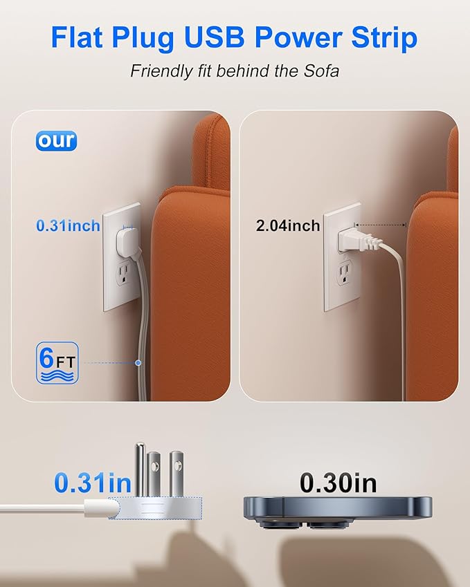 Power Strip Flat Plug with 4 AC Outlets 4 USB Ports (20W), Surge Protector Charging Station with Overload Protection, 6Ft Flat Plug Extension Cord, Fast Charging for Office Dorm Room (White)