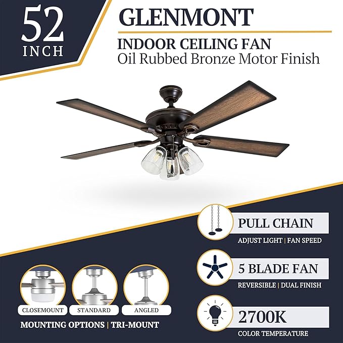 Prominence Home Glenmont, 52 Inch Farmhouse LED Ceiling Fan with Light, Pull Chain, Three Mounting Options, Dual Finish Blades, Reversible Motor - 40278-01 (Oil-Rubbed Bronze)