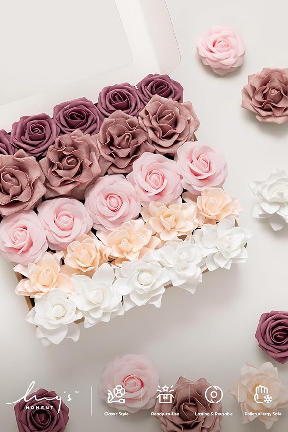 Ling's Moment Artificial Flowers Fake Roses Faux Foam Gardenia Combo for DIY Wedding Bouquets Centerpieces Arrangements Bridal Shower Party Home Decorations, Mauve & Blush, 24pcs