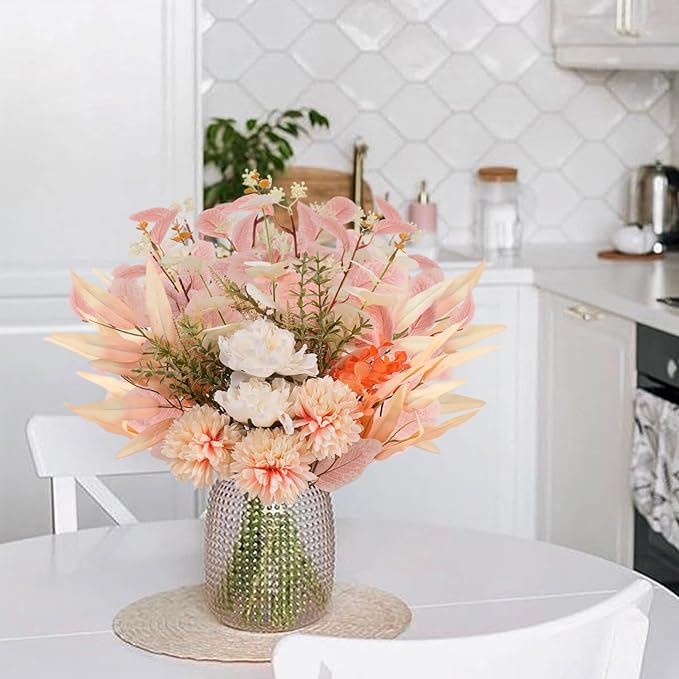 Fake Artificial Flowers Bouquet for Decoration, Silk Flower Arrangements Faux Flowers Plant Wedding Bride Bouquets Tables Centerpieces for Rustic Home Decor Indoor Vase Floral Table Decor (Champagne)