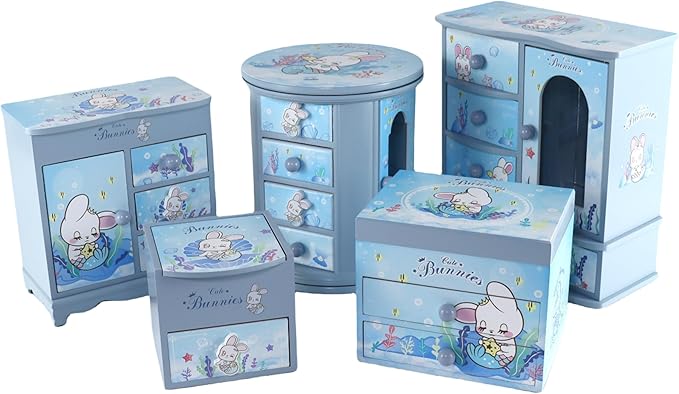Girls Blue Cute Bunny Jewelry Box Organizer - Kids Gift for Little Girls