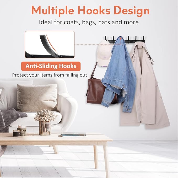 Coat Rack Wall Mount, Coat Hook Wall Mount, Wall Hooks for Hanging, Hat Rack for Walls, Coats Hanger with 12 Hook, Towel Hooks for Bathrooms (1 Pack, Black)