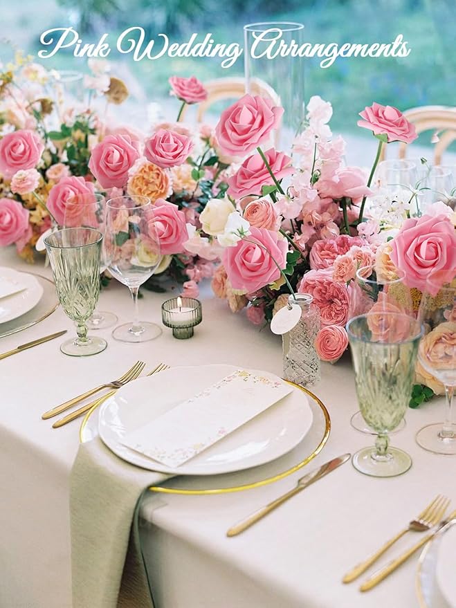 MACTING Artificial Flowers 30PCS Pink Fake Flowers with Stem Real Touch Soft Foam Roses Wedding Bouquet Table Centerpieces Party Bridal Shower Birthday Home Spring Summer Decor