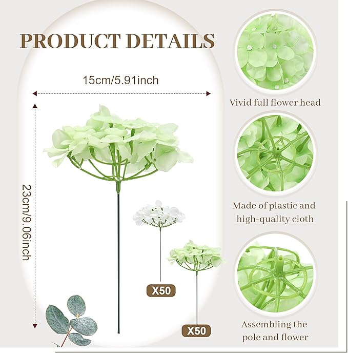 Zeyune 100 Pcs Hydrangea Artificial Flowers, Silk Flower Heads with Stems, Fake Hydrangea Bouquet for Wedding Arch Centerpiece DIY Floral Home Decoration (White and Green)