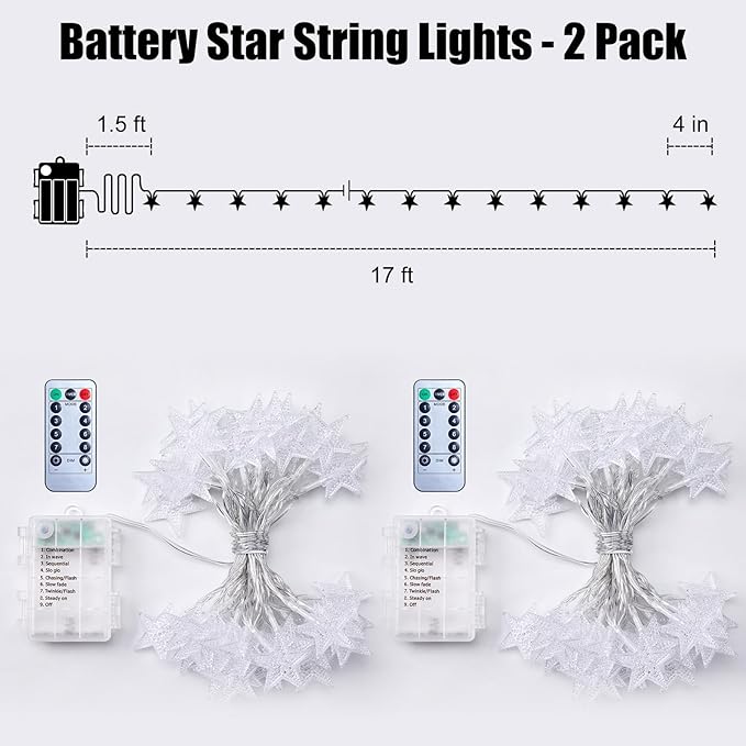 Brightown Star String Lights Battery Operated - 2 Pack 17 ft 50 LED Star Fairy String Lights with Remote and Timer, 8 Modes Waterproof for Bedroom Tent Loft Bed Patio Party Wedding Decor, Multicolor