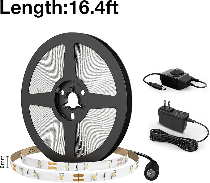 Olafus 16.4ft LED Strip Lights Warm White Dimmable, LED Rope Light Kit 12V Flexible Under Cabinet Lighting Strips, 5m 300 LEDs 2835, 3000K Bright Led Lights for Bedroom, UL Listed Plug