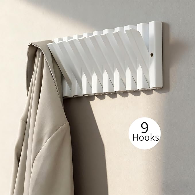 Coat & Hat Hooks Wall Mount with Key Holder, Wall Mounted Coat Rack with 9 Retractable Hangers, Solid Wood Slim Key Holder for Entryway Decor, 17in Natural Finish