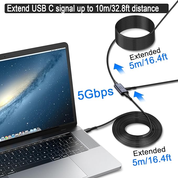 QIANRENON USB C Signal Amplifier Extender Adapter Extension 10m/32.8ft USB C 3.2 Long Distance Charging Data Connector 5Gbps 5V/3A, Built-in Chip/LED/Al Alloy Shell, with USB C 15W Power Port