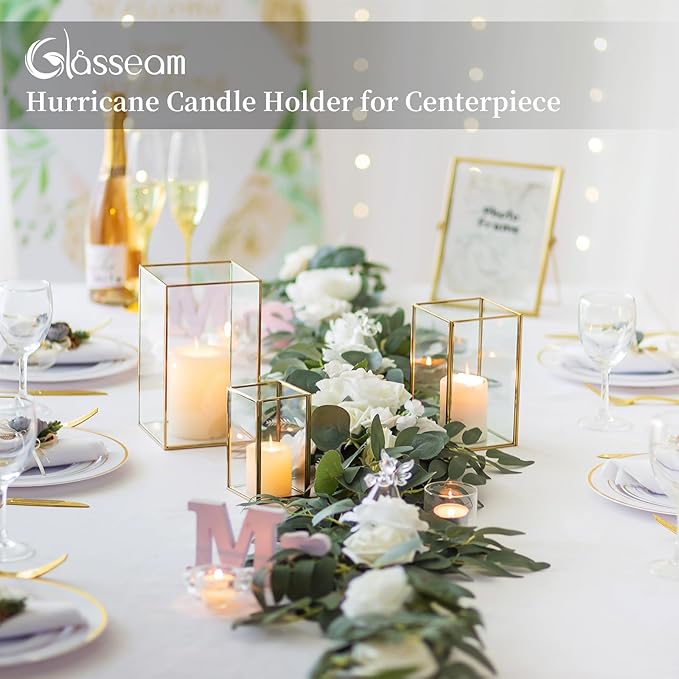 Glasseam Glass Hurricane Candle Holder: Set of 3 Gold Square Candle Holders for Pillar Candles Large for Table Centerpiece Wedding Christmas Decorative