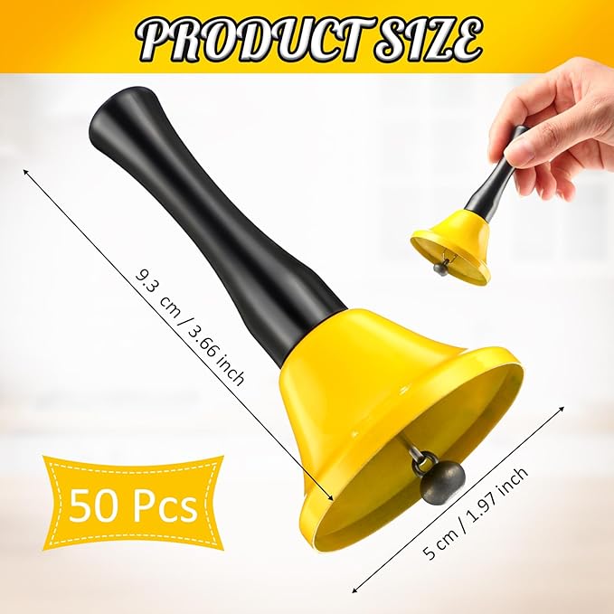 Yeshone 50 Pcs Hand Steel Call Bells Bulk Wedding Dinner Service Bells with Wood Handles for the Sick Elderly Alert Classroom Alarm, 1.97 x 3.66 Inches(Yellow)