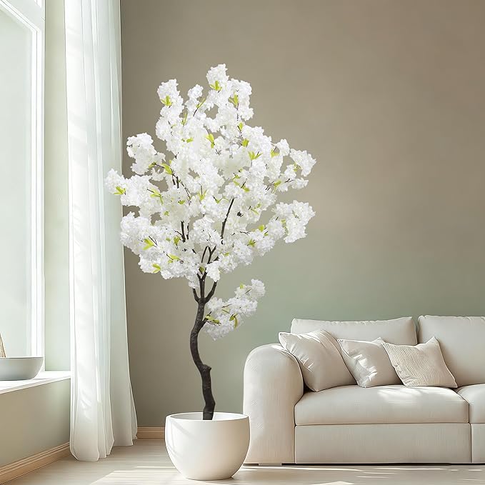 Large Artificial White Cherry Blossom 6ft(72in) Faux Floor Green Plant for Indoor Decor Natural Potted Tree Realistic Cherry Flowers Wood Trunk for Home Living Room,Office Perfect Housewarming Gift