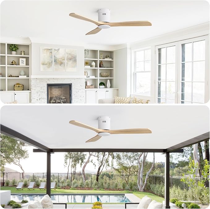 Sofucor 52 Inch Ceiling Fan No Light, Solid Wood Ceiling Fans Without Lights Remote Control, Reversible DC Motor, 6-Speed, Flush Mount Indoor/Outdoor Ceiling Fans for Patios, Bedroom and Farmhouse