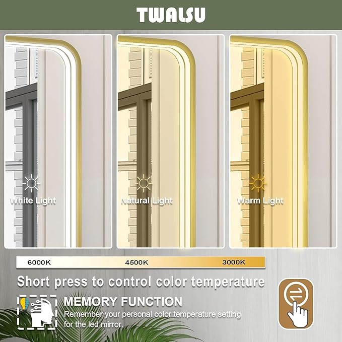 LED Bathroom Mirror with Lights, 30x36 Inch Gold Metal Framed LED Mirror for Bathroom, 3 Colors and Stepless Dimmable Wall Mounted Lighted Bathroom Vanity Mirror, Anti-Fog, Memory