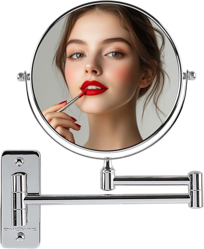 OVENTE 7" Wall Mounted Makeup Mirror with 1X/10X Magnification, Double Sided Magnifying Round Bathroom Vanity Mirror, 360° Swivel Design, Extendable and Folding Arm, Polished Chrome MNLFW70CH1X10X