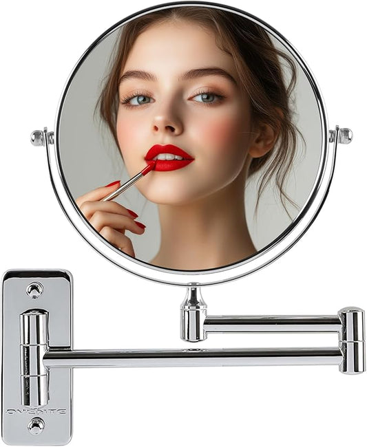 OVENTE 7" Wall Mounted Makeup Mirror with 1X/10X Magnification, Double Sided Magnifying Round Bathroom Vanity Mirror, 360° Swivel Design, Extendable and Folding Arm, Polished Chrome MNLFW70CH1X10X