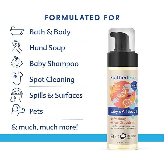 Motherlove Baby & All Soap (32 oz) Gentle Foaming All-Purpose Castile Soap Made with Organic Ingredients – Refreshing Ginger Grapefruit