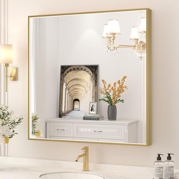 32x32 Inch LED Bathroom Mirror, Gold Metal Framed Lighted Mirror for Bathroom, Wall Mouted LED Vanity Mirror with Lights, 3 Colors and Stepless Dimmable, Anti-Fog, Memory